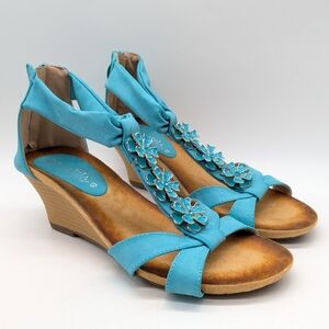 Patrizia By Spring Step Blue Floral Strappy  Wedge Heel Sandal 40